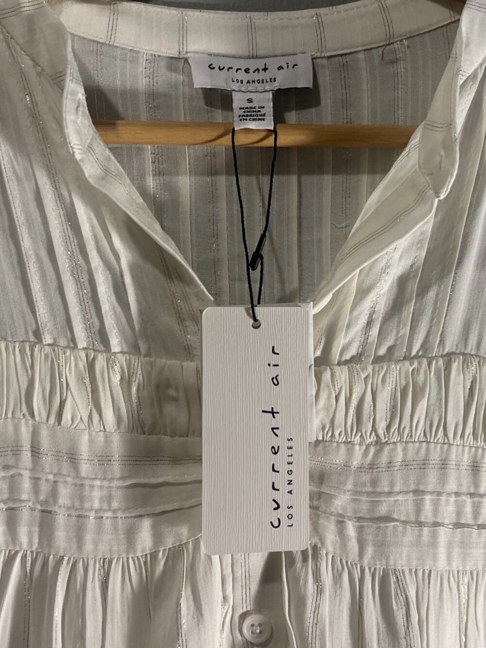NWT Current Air Ivory & Gold Stripe Pintuck Tiered Midi Dress Size Small - Picture 3 of 6